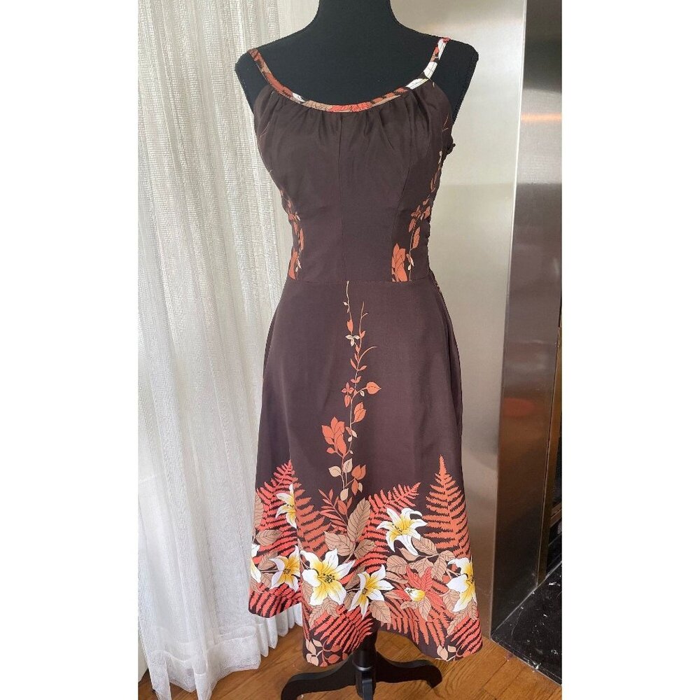 Vintage 80s dress, chocolate brown, orange, bra inserts, Sand Pebble of Hawaii
